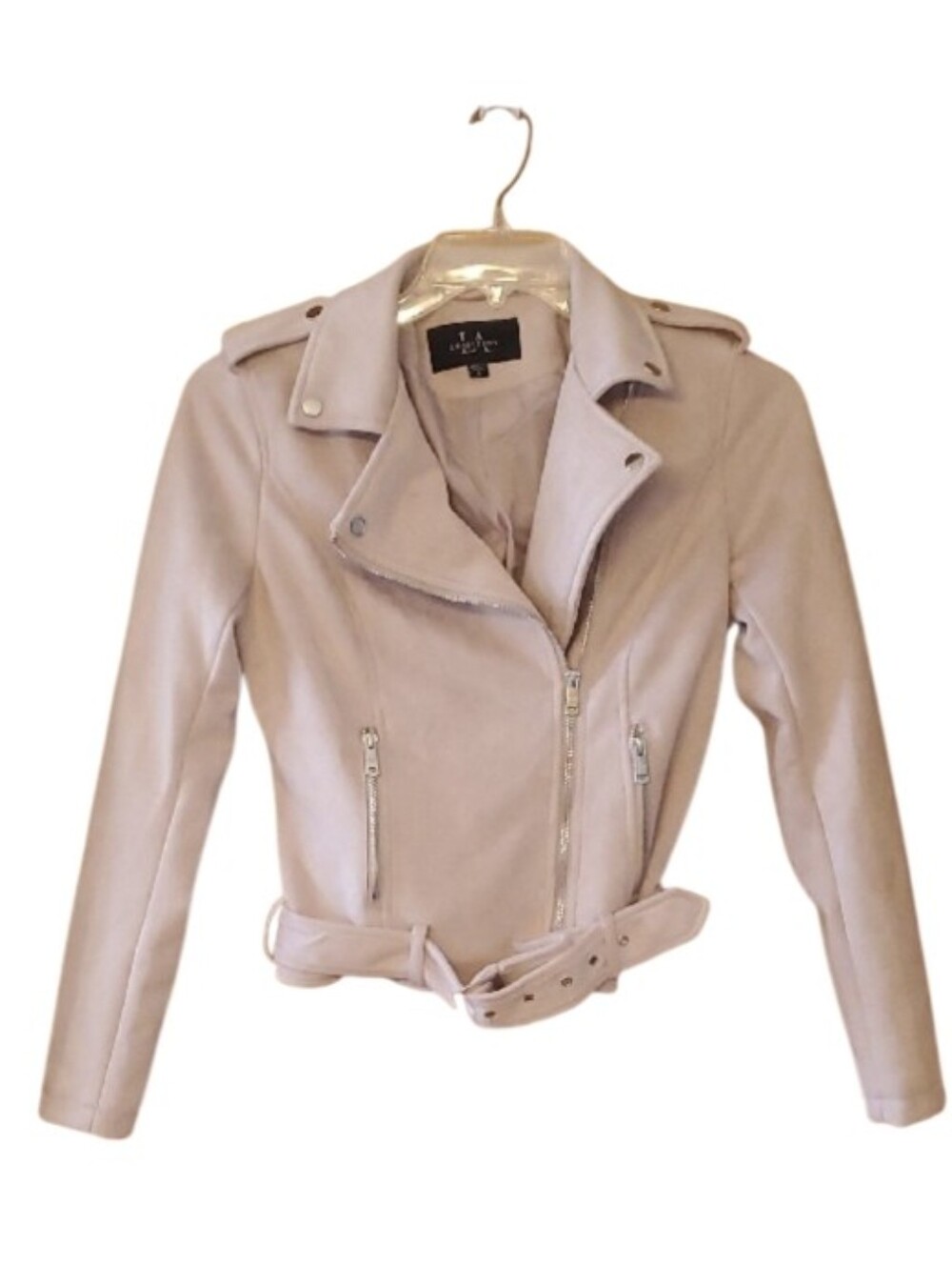 LA Coalition Women’s Blush Pink Faux Suede Moto Biker Jacket with Belt Small